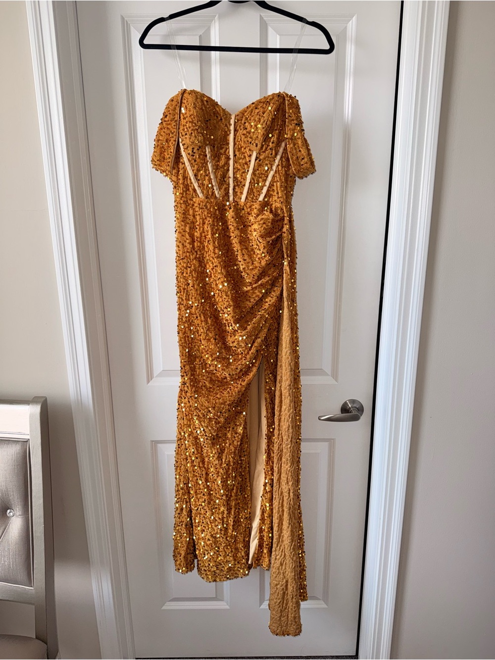 Gold Sequin Evening Gown with Draped Side and Sheer Straps